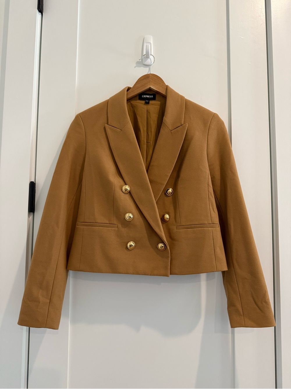 Express Cropped Double-Breasted Blazer in Camel Brown